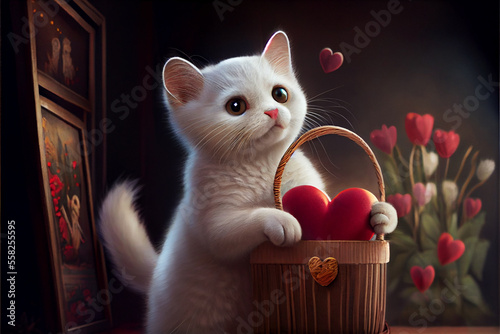 cute white cat holding a valentine heart in a wicker basket on a background of flowers