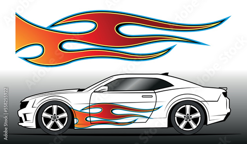 Fire flames racing car decal vector art graphic. Burning tire and flame car vinyl decal.