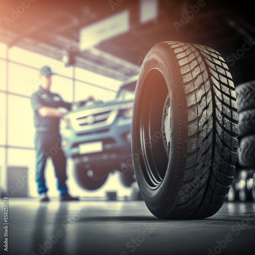 Automotive car mechanic working in the garage and changing a tire from light wheels. Repair or maintenance of auto service.