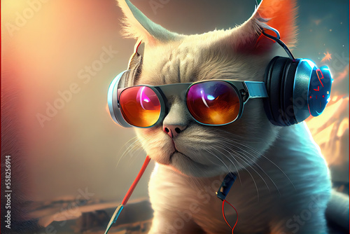 sunglasses cat dj, headphones listening to music on turntable,generative ai