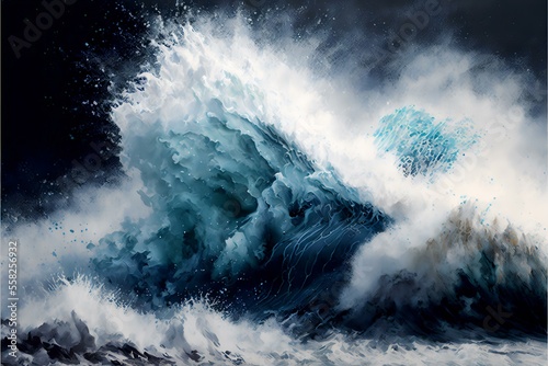 wave crashing onto the shore, with the frothy water and spray creating an abstract, chaotic scene (AI Generated)