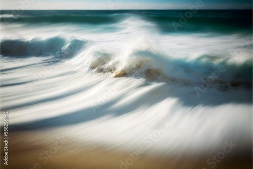 waves rolling into the beach, with the motion blur creating an ethereal, abstract effect (AI Generated)