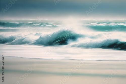 waves rolling into the beach, with the motion blur creating an ethereal, abstract effect (AI Generated)