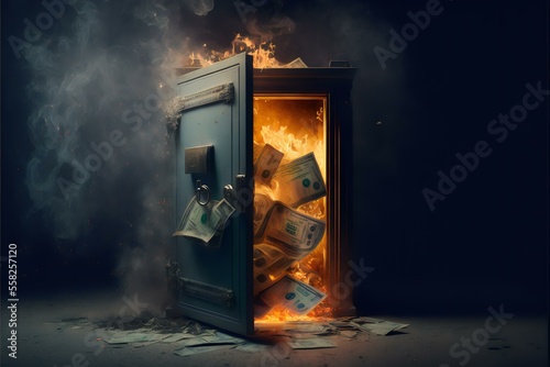burning money safe with the door open and money spilling out onto the ground (AI Generated) photo