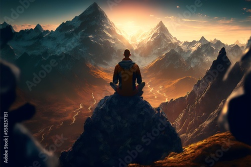 a person meditating on a mountain top at sunrise, with the golden light of the sun illuminating them (AI Generated)