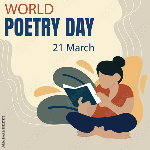 illustration vector graphic of a woman is reading a book of poetry, perfect for international day, world poetry day, celebrate, greeting card, etc.