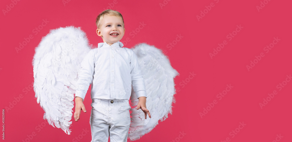 Valentines day banner with angel child. Little boy child dressed like an angel. Valentines day banner with angel child. Little boy child dressed like an angel.