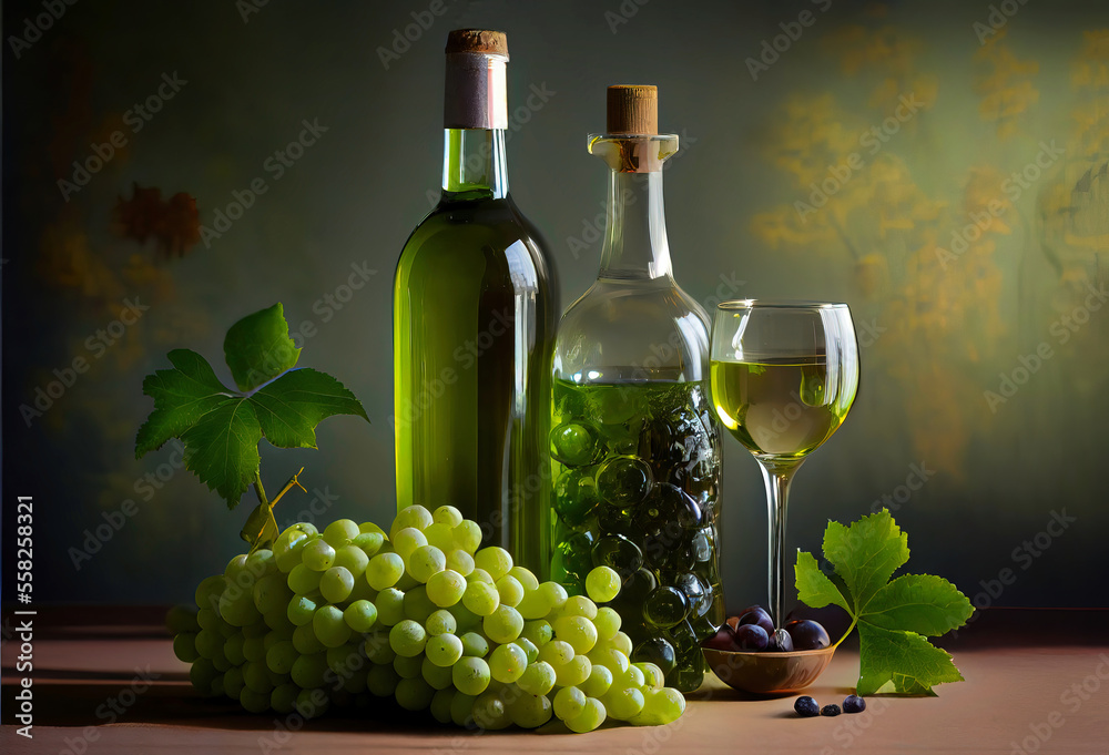 Fototapeta premium White wine in a glass and ripe grapes on wooden table. AI generated Image