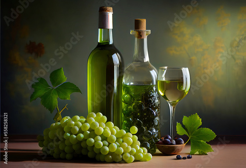 White wine in a glass and ripe grapes on wooden table. AI generated Image