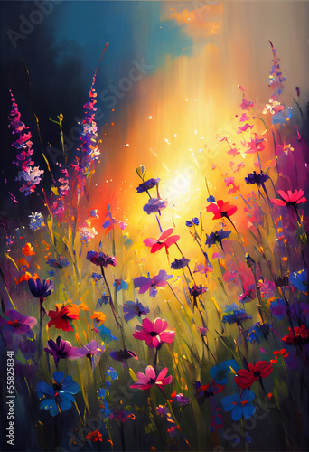 A field of vibrant wildflowers and the sunlight shower of sparkling colors