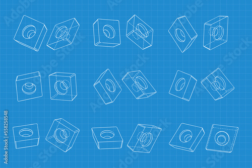 Mechanical engineering drawings on blue background. Cutter, assembly tool with replaceable multi-faceted plate. Technical Design. Cover. Blueprint. Vector illustration.