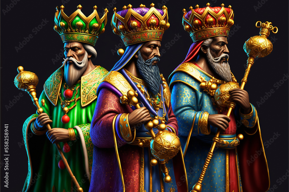 Illustration of isolated three kings men wearing traditional colorful tunics and beautiful crowns while holding wands and gifts. January 6th Kings day  concept.