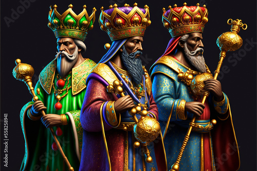 Illustration of isolated three kings men wearing traditional colorful tunics and beautiful crowns while holding wands and gifts. January 6th Kings day concept.