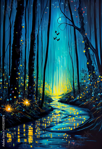 Enchanted Forest with Vibrant Colors and Sparkling Light Background