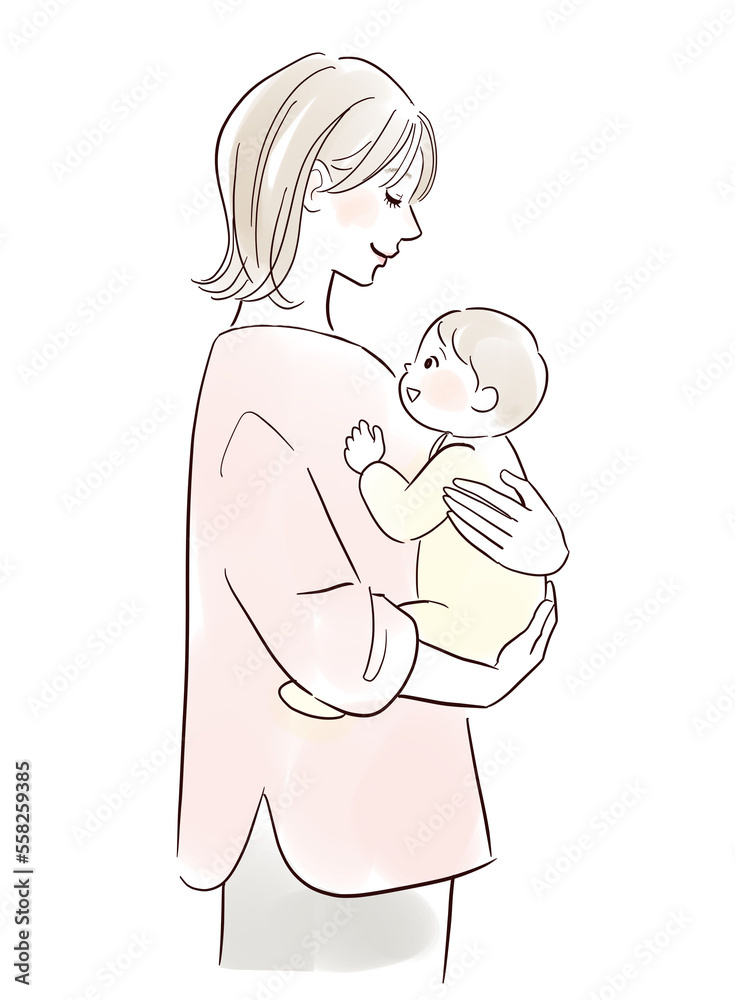 笑顔で赤ちゃんを抱っこするお母さん