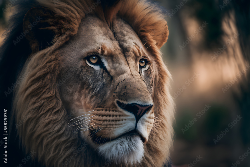 Beautiful Lion portrait, close-up. Generative AI