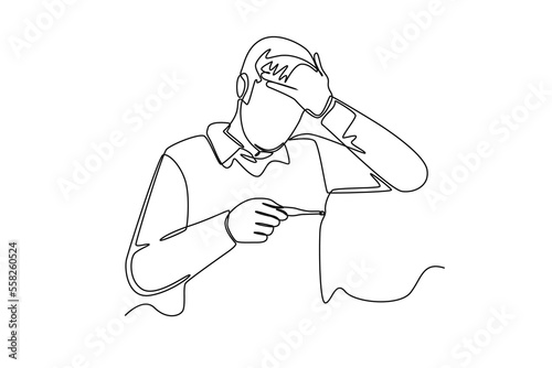 Single one line drawing man headache have a fever, flu and check thermometer measure body temperature. Sick people concept. Continuous line draw design graphic vector illustration.