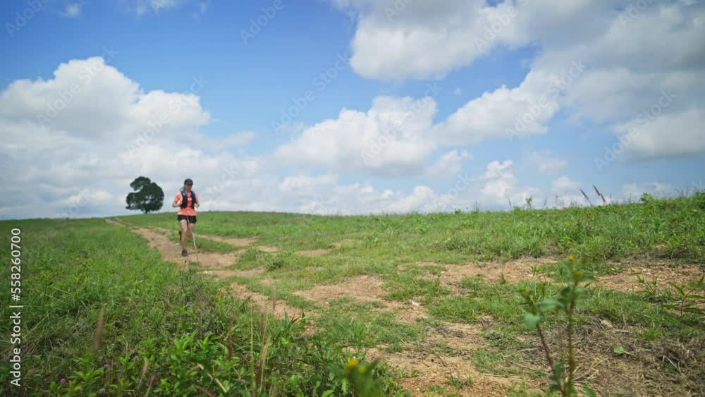 A woman running on a trail in a forest A woman running on a trail in a forest