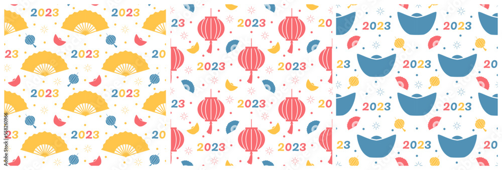 Set of Chinese Lunar New Year 2023 Days Seamless Pattern Decoration Template Hand Drawn Cartoon Flat Illustration