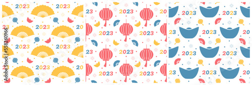 Fototapeta Naklejka Na Ścianę i Meble -  Set of Chinese Lunar New Year 2023 Days Seamless Pattern Decoration Template Hand Drawn Cartoon Flat Illustration