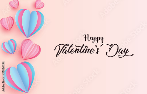 Minimal card Happy Valentine's Day. Paper-cut heart elements decorate greeting cards in sweet colors. vector illustration text on square paper frame