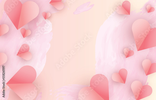 Minimal card watercolor Happy Valentine's Day. Papercut heart elements decorate greeting cards in sweet colors. vector illustration text on square paper frame