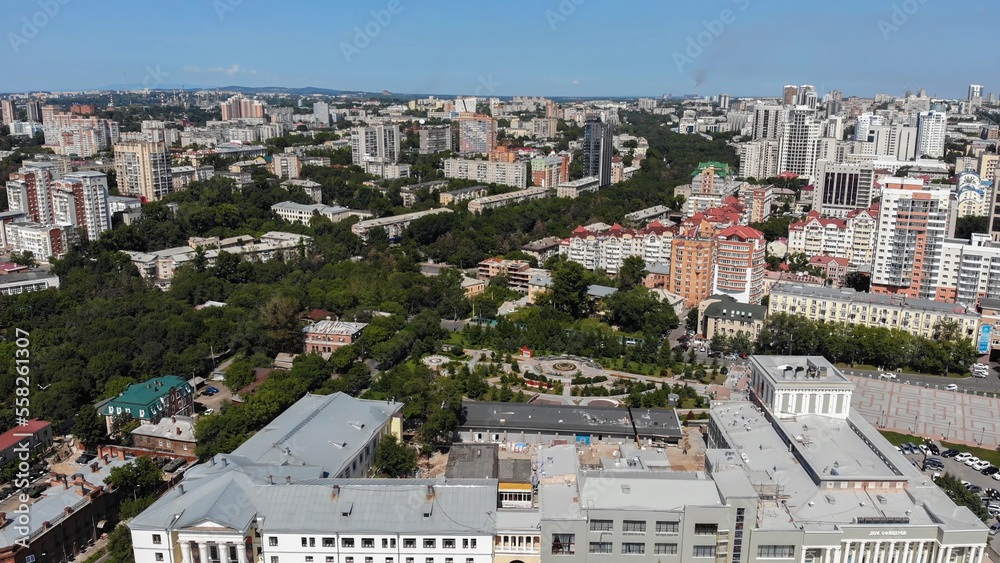Khabarovsk city on a summer day. Aerial view.