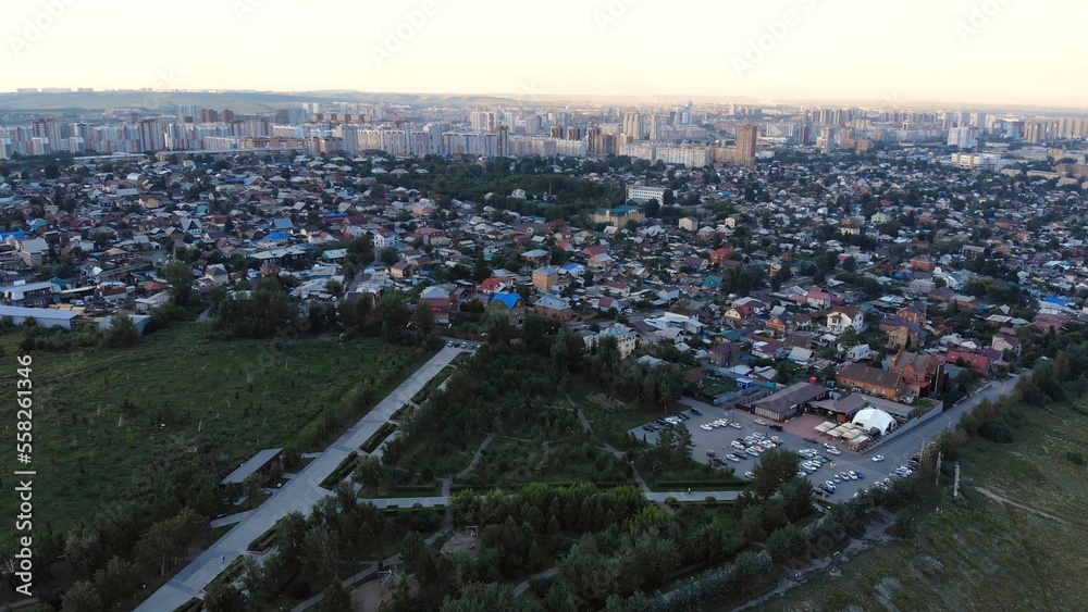 Krasnoyarsk city aerial panoramic view from Karaulnaya Mountain.