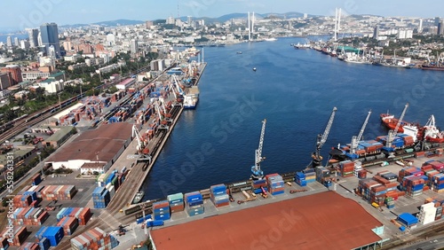 Top view. Commercial Sea Port. Industrial port with containers.