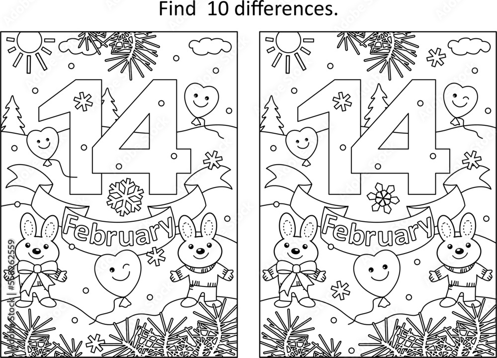 Valentine's Day difference game and coloring page with 14 February text and cute little bunnies
