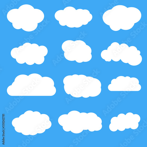 Set of clouds on a blue background. Realistic elements. Flat style vector illustration.