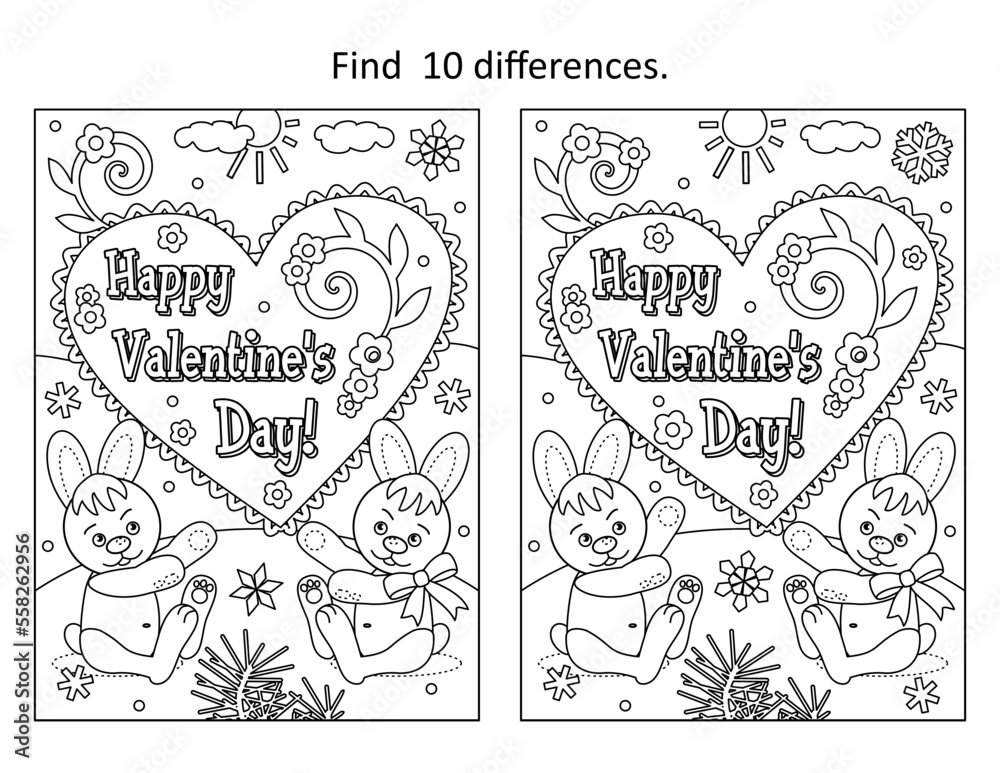 Valentine's Day difference game and coloring page with Happy Valentine's Day greeting and cute little bunnies
