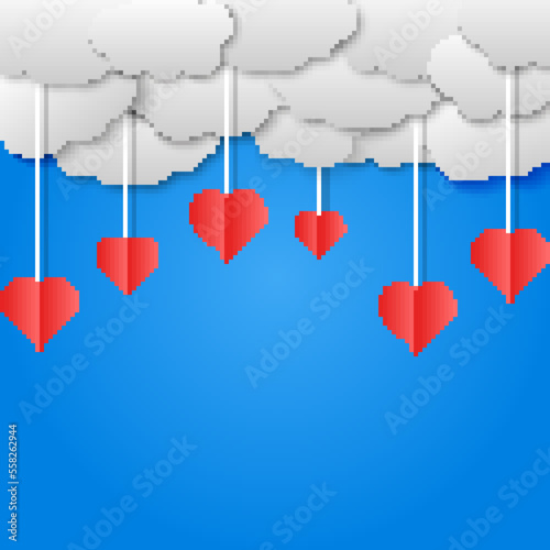 Poster or banner with blue sky and paper cut clouds. Place for text. Happy Valentine's day sale header or voucher template with hanging hearts.