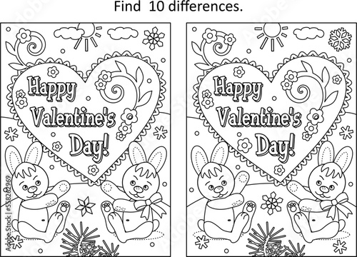 Valentine s Day difference game and coloring page with Happy Valentine s Day greeting and cute little bunnies 