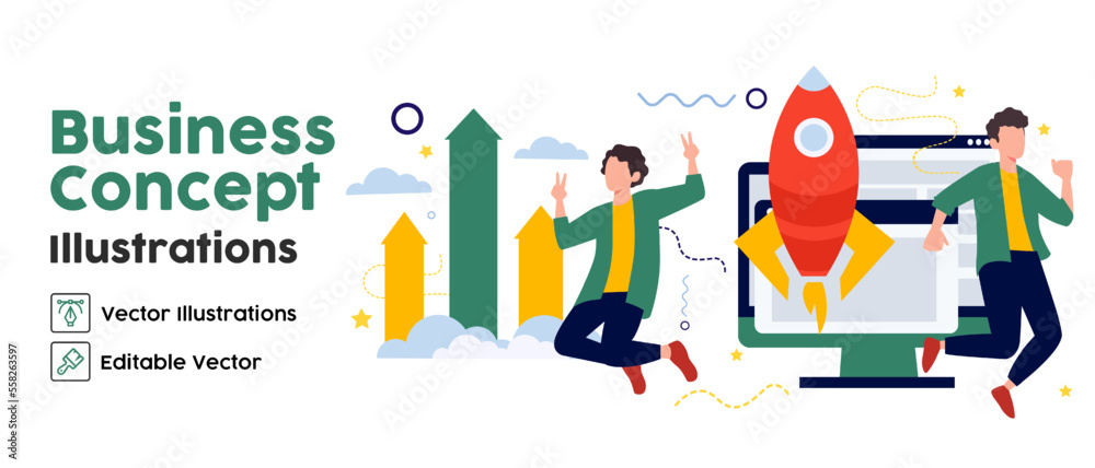 Business Concept illustrations. set Collection of scenes with men taking part in business activities. Vector illustration