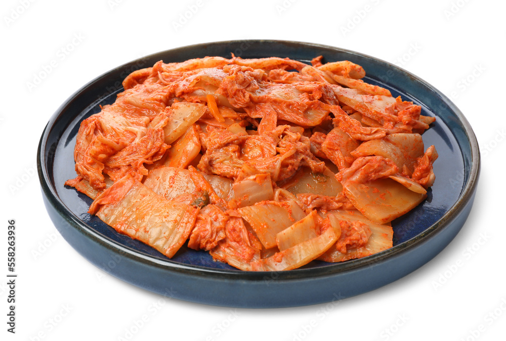 Plate of delicious kimchi with Chinese cabbage isolated on white Plate of delicious kimchi with Chinese cabbage isolated on white