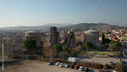 Drone image of the red hall Basilica, a 2nd century AD Roman temple in Bergama, Turkey photo