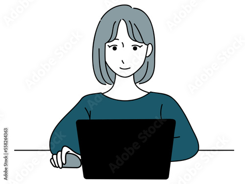 デスクに座ってパソコンを操作する女性のイラスト