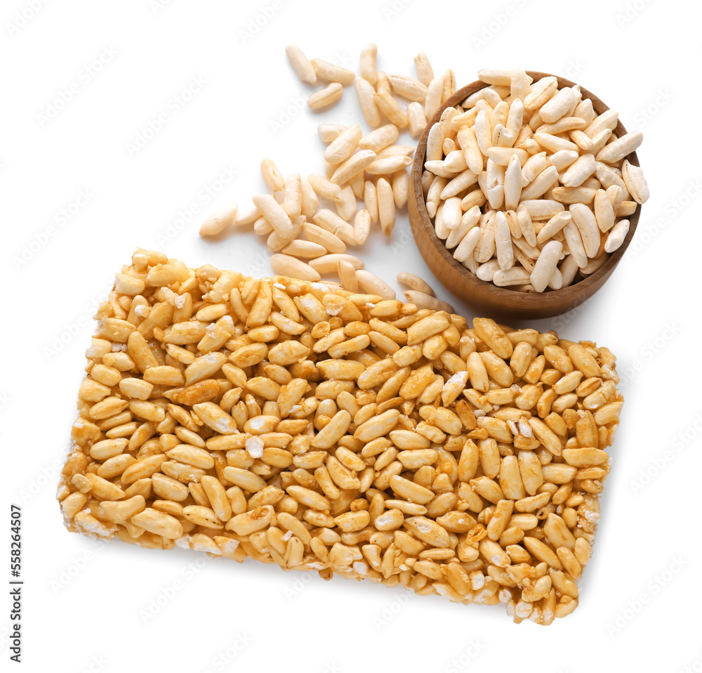 Puffed rice bar (kozinaki) isolated on white, top view Puffed rice bar (kozinaki) isolated on white, top view