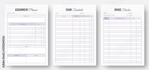 Study planner templates. Assignment planner template. Exam timetable planner. Grade tracker template. School planner template. Kdp interior planner template design. Set of planners. Eps10 vector.