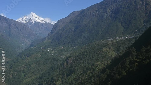 View of an airplane before landing at Lukla airport one of the most dangerous airport in the world in Nepal. photo
