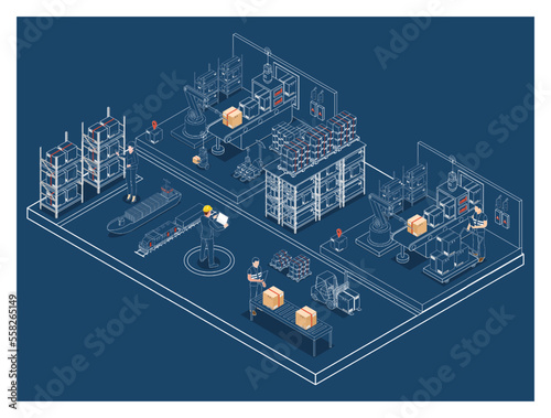 3D isometric automated warehouse robots and Smart warehouse technology Concept with Warehouse Automation System and Robot Transportation operation service. Vector illustration EPS 10
