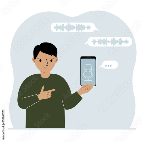 Little boy holding smartphone using voice assistant app. Voice recognition concept. Smart speaker applications, office controller, hands-free phone calls, voice command software.