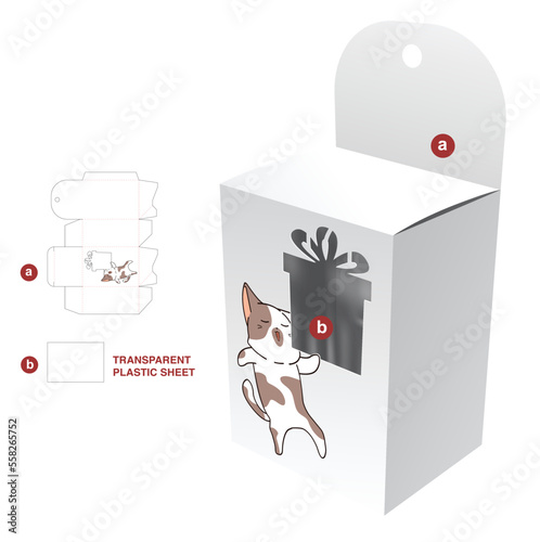 box with cartoon and window die cut template and 3D mockup