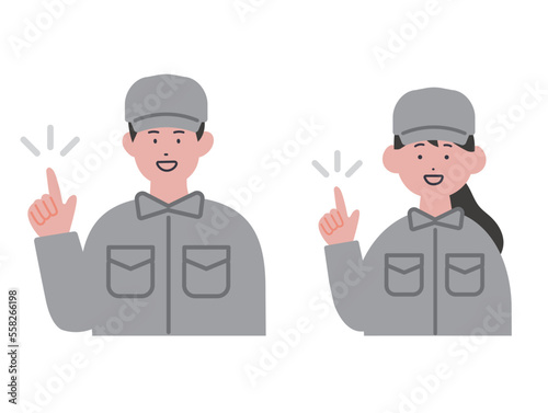 指差しをする作業服の男女のイラスト