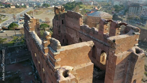 A drone image of the Red Avlu, a Roman temple of the 2nd century AD in Bergama, Turkey photo