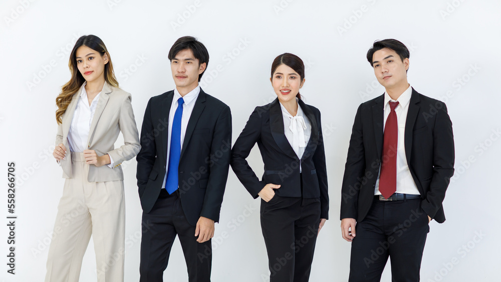 Portrait studio full body shot Asian young professional successful male female businessmen businesswomen management group in formal suit standing smiling posing showing thumb up on white background Portrait studio full body shot Asian young professional successful male female businessmen businesswomen management group in formal suit standing smiling posing showing thumb up on white background