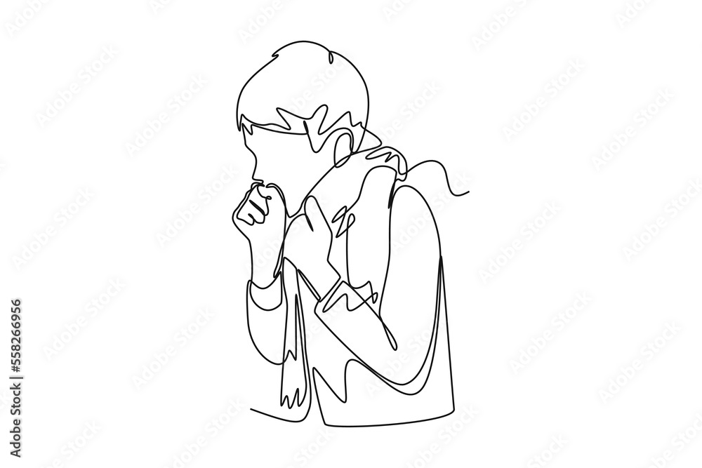 Continuous one line drawing Sick boy with cough. Healthcare concept. Single line draw design vector graphic illustration.