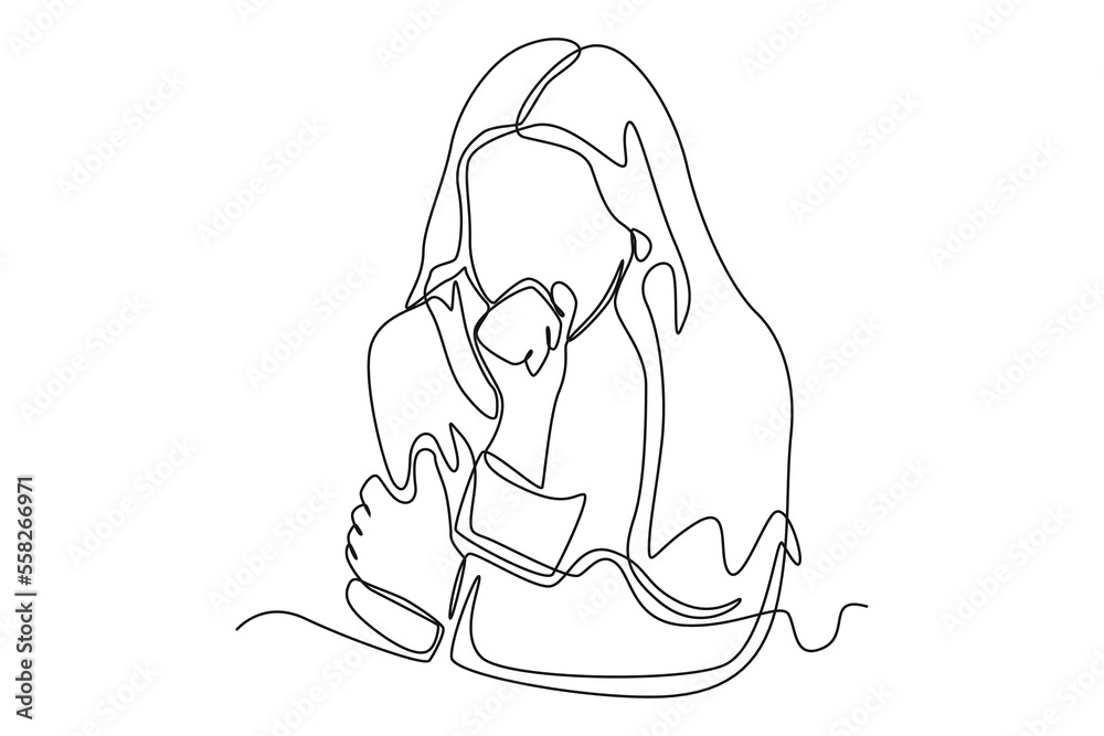 Fototapeta premium Continuous one line drawing Sick little girl with cough. Healthcare concept. Single line draw design vector graphic illustration.