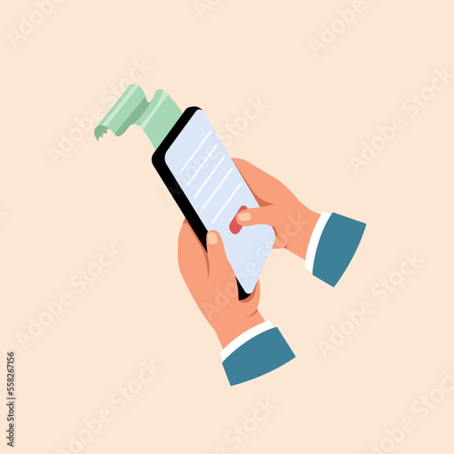 Hand holding smartphone and pay by application, Bill on mobile transaction, Mobile with financial paper concept.